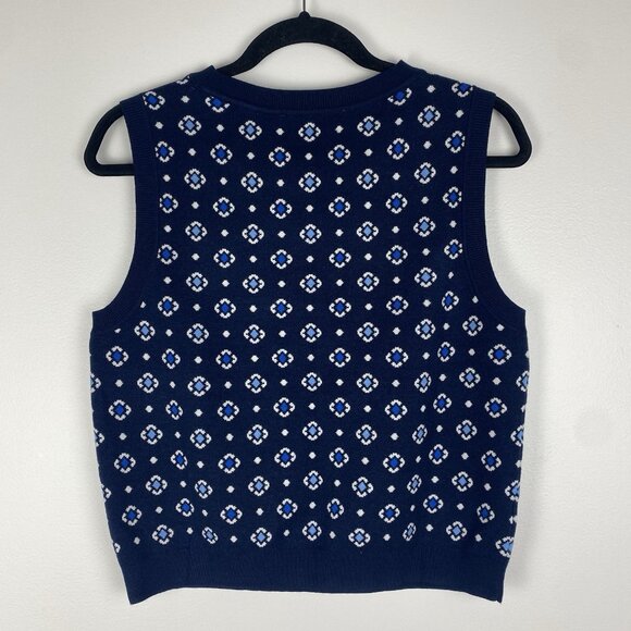 Loft Women's Geometric Floral Jacquard Sweater Vest Size M Navy Blue - Picture 2 of 8